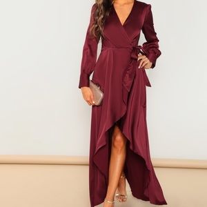 Shein red high low wrap dress